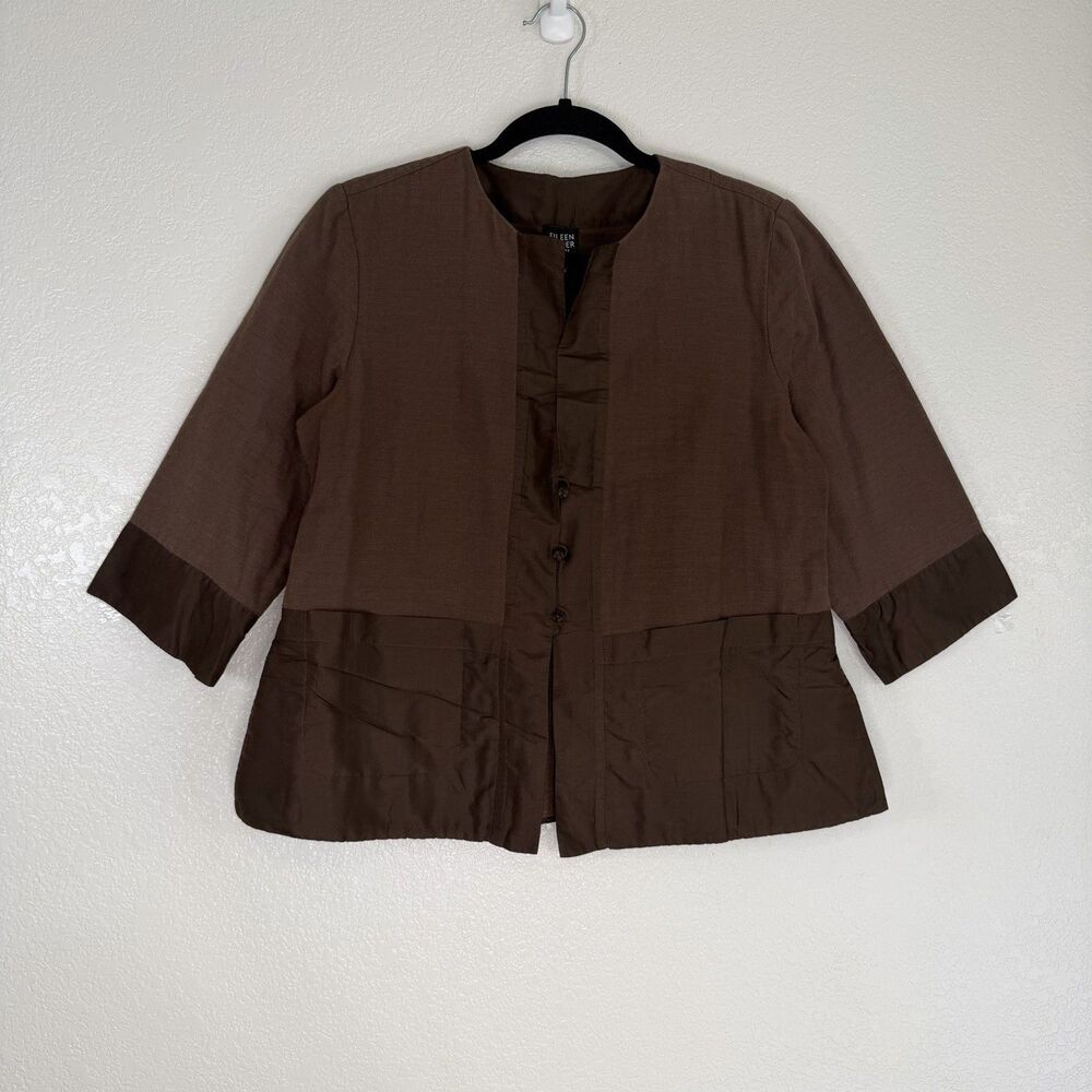 Eileen Fisher Cotton Silk Jacket PETITE MEDIUM Brown 3/4 Sleeve Asian Minimalist
